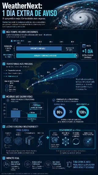Infografia de WeatherNext con comparativa IA vs fisica clasica y trayectoria de ciclon