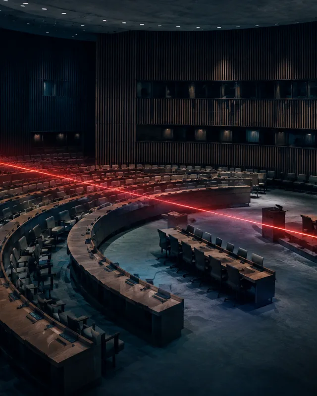 Sala vacía de conferencias en tonos fríos con una superposición translúcida de una línea roja brillante cruzando la escena