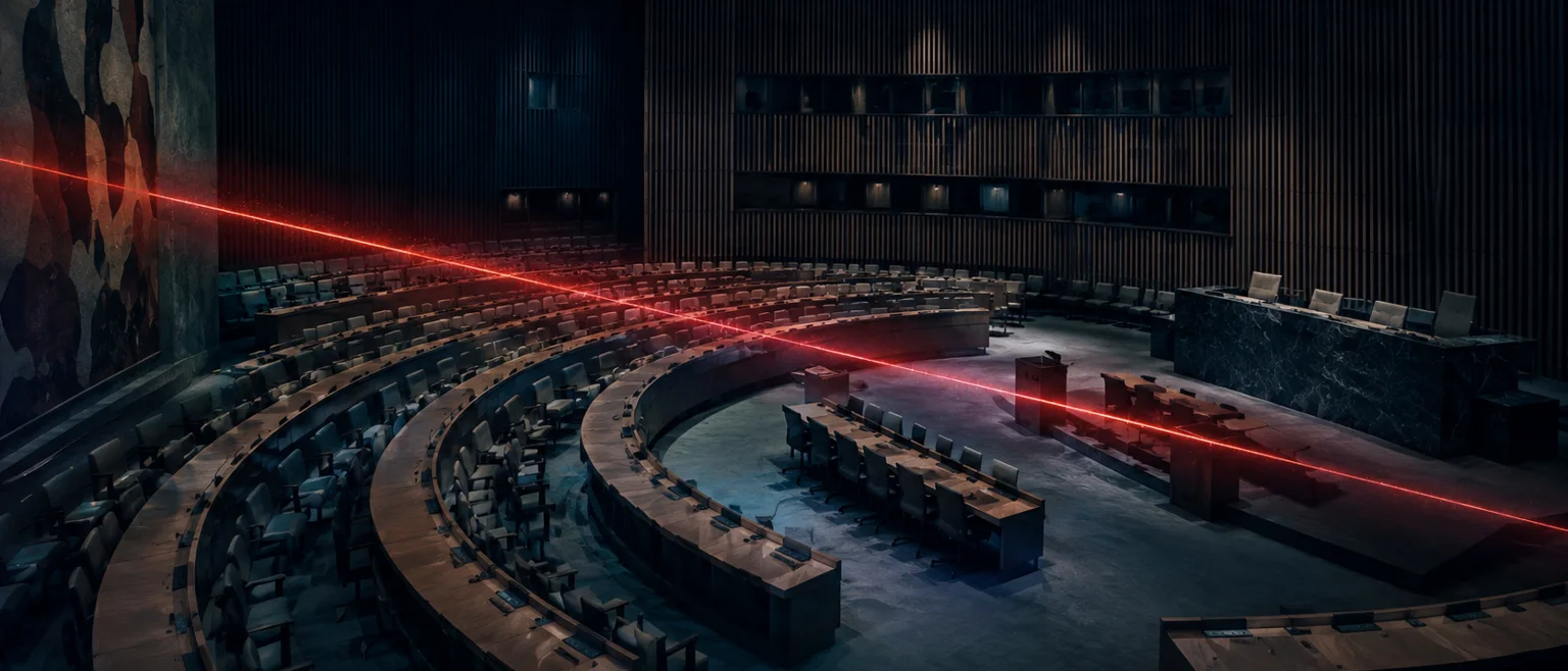 Sala vacía de conferencias en tonos fríos con una superposición translúcida de una línea roja brillante cruzando la escena
