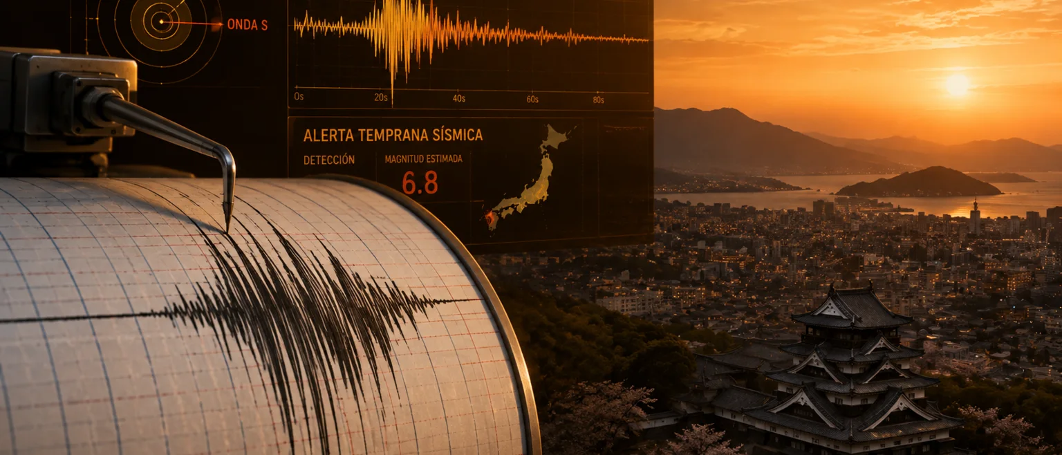 Sismograma con picos de fuerte vibracion sobre perfil urbano japones al atardecer