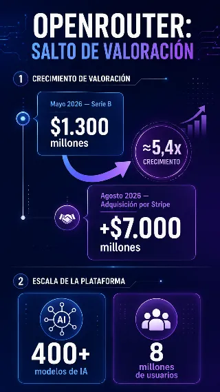 Línea de tiempo con la valoración de OpenRouter en su Serie B de mayo de 2026 y su adquisición por Stripe en agosto de 2026, junto a íconos de 400+ modelos de IA y 8 millones de usuarios