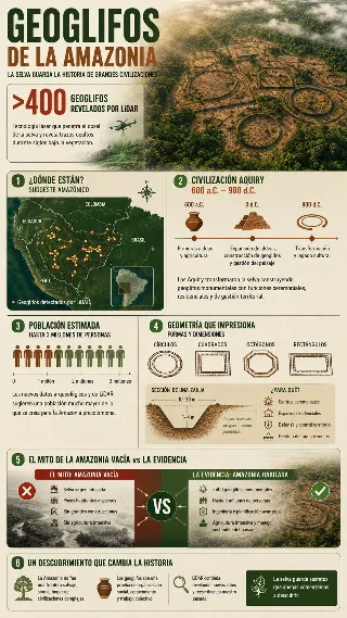 Infografia de geoglifos amazonicos con mapa LiDAR y datos de la civilizacion Aquiry