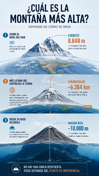 Infografia comparativa de Everest, Chimborazo y Mauna Kea con sistemas de medicion