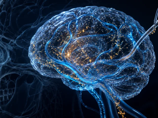 Representacion volumetrica del cerebro con sistema glinfatico azul luminoso