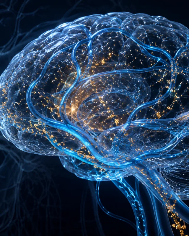 Representacion volumetrica del cerebro con sistema glinfatico azul luminoso