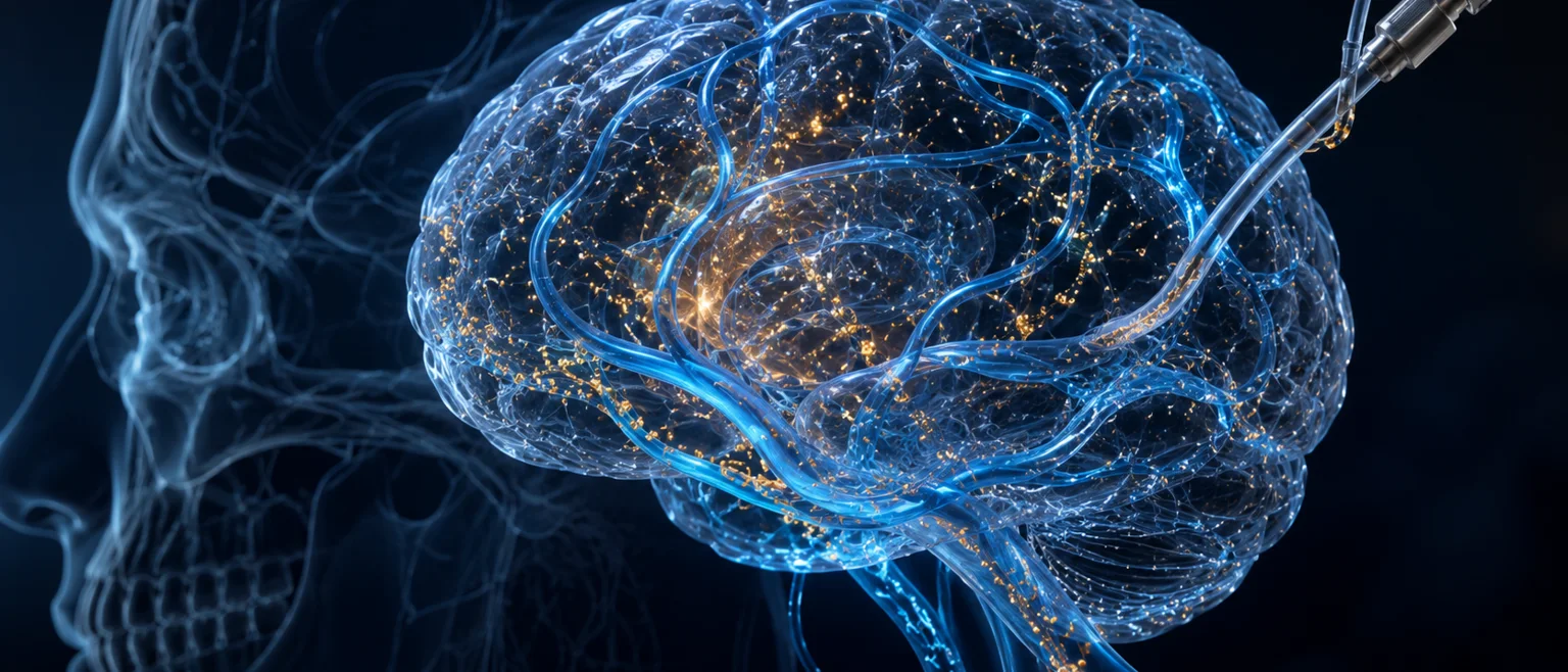 Representacion volumetrica del cerebro con sistema glinfatico azul luminoso