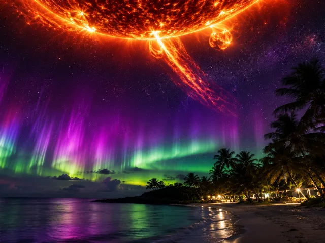 Aurora multicolor sobre playa tropical con palmeras y erupcion solar en el cielo