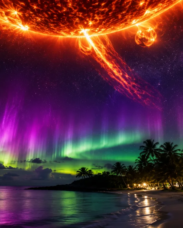 Aurora multicolor sobre playa tropical con palmeras y erupcion solar en el cielo