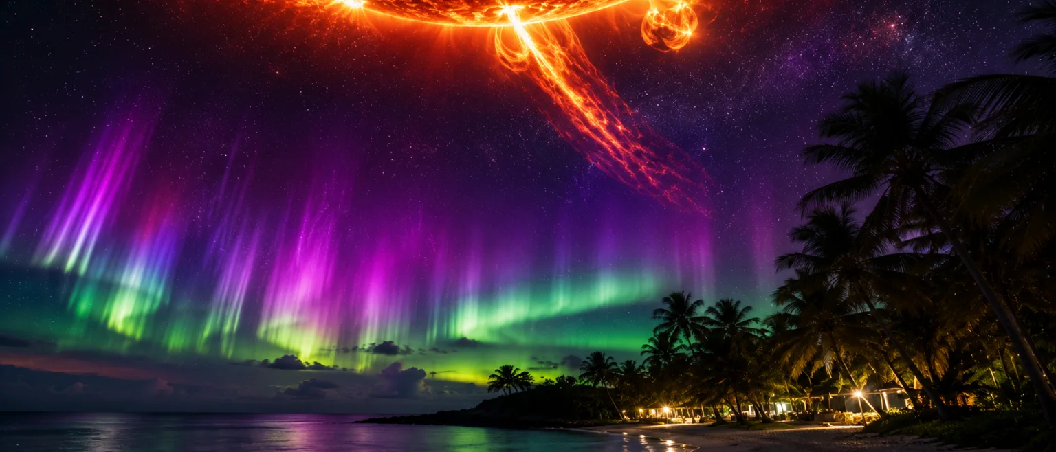 Aurora multicolor sobre playa tropical con palmeras y erupcion solar en el cielo