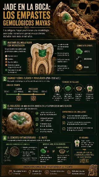 Infografia del jade dental maya con corte del molar, timeline y cemento antimicrobiano