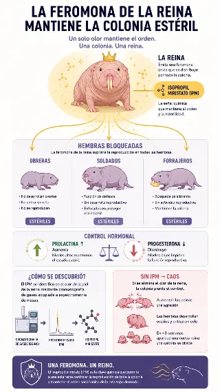 Diagrama que muestra a la reina de rata topo desnuda emitiendo isopropil miristato hacia el resto de la colonia, con indicadores de prolactina en alza y progesterona en baja