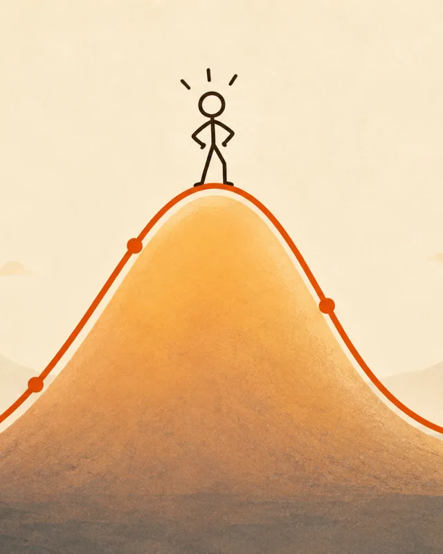 Figura simple sobre curva ascendente y descendente del efecto Dunning-Kruger en fondo crema