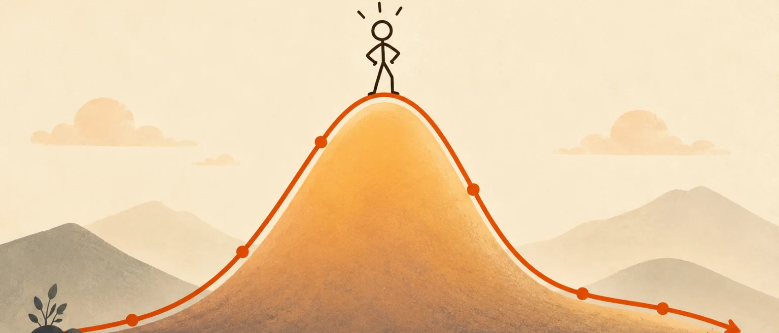 Figura simple sobre curva ascendente y descendente del efecto Dunning-Kruger en fondo crema