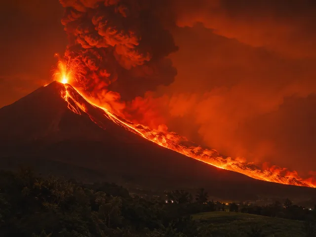 Volcan de Fuego en erupcion con seccion transversal del magma y capas de la Tierra