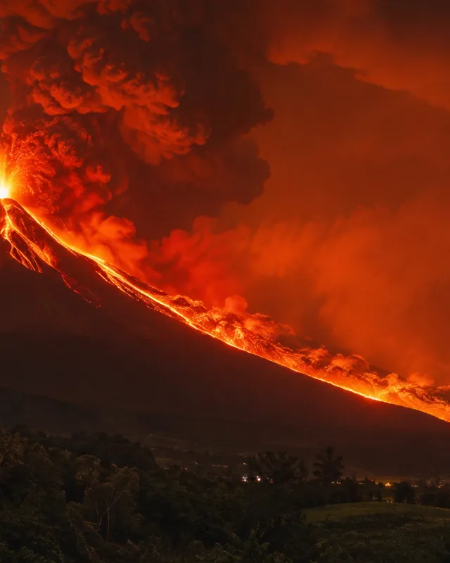 Volcan de Fuego en erupcion con seccion transversal del magma y capas de la Tierra