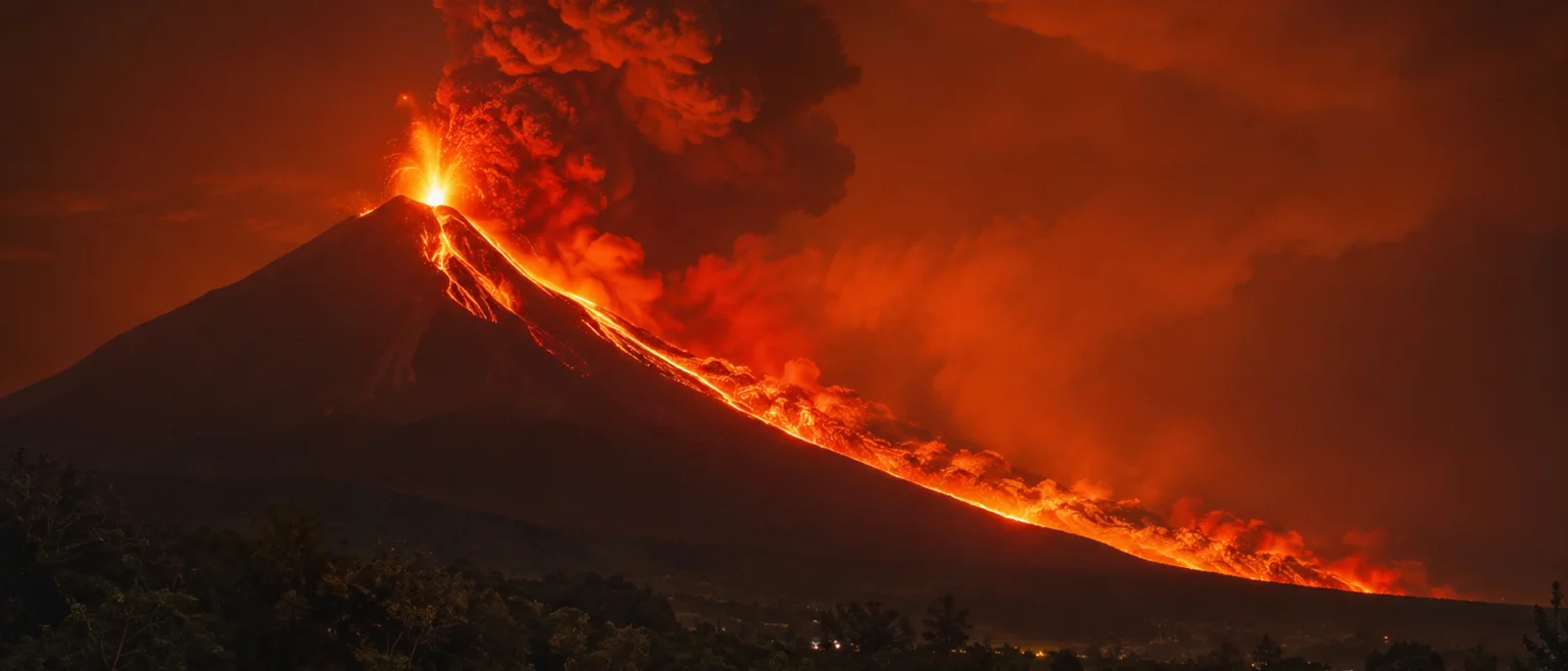 Volcan de Fuego en erupcion con seccion transversal del magma y capas de la Tierra