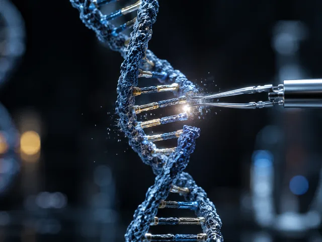 Doble hélice de ADN siendo cortada por partículas metálicas plateadas brillantes en un fondo de laboratorio oscuro
