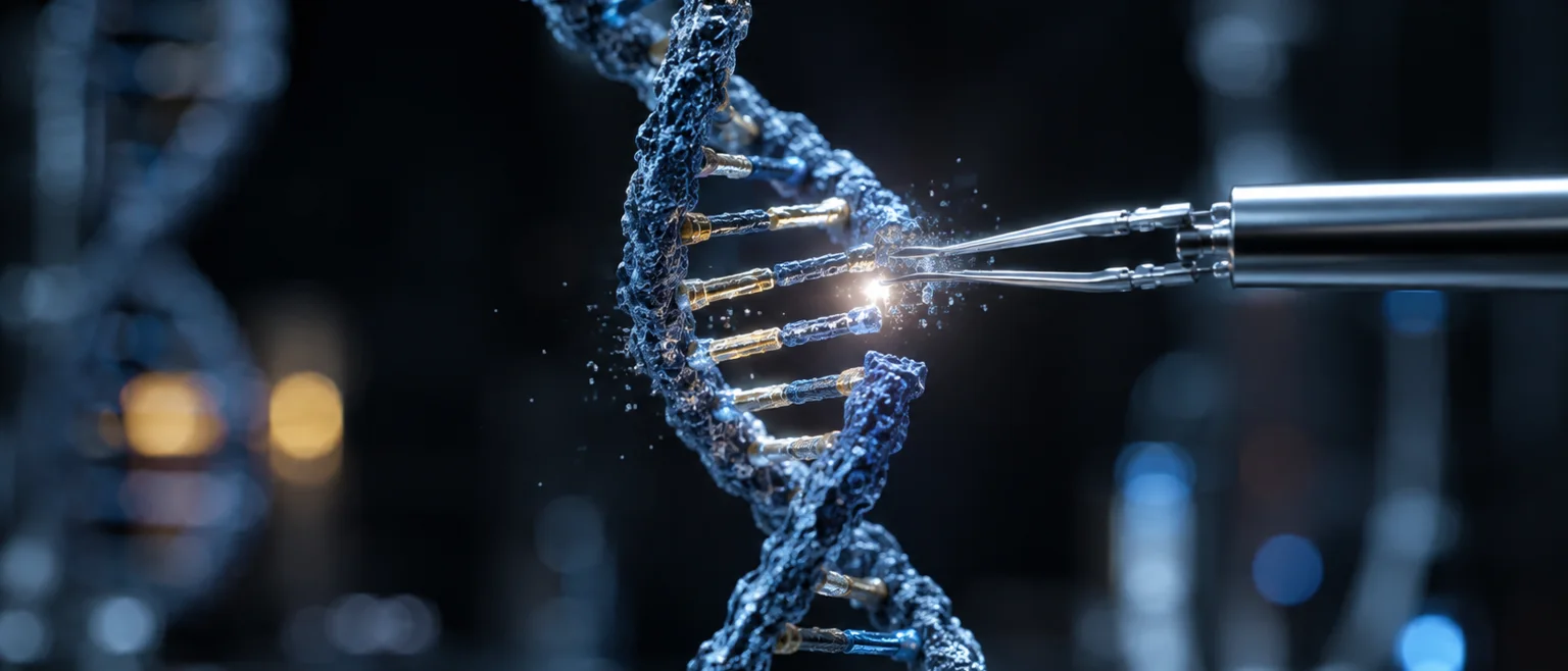Doble hélice de ADN siendo cortada por partículas metálicas plateadas brillantes en un fondo de laboratorio oscuro