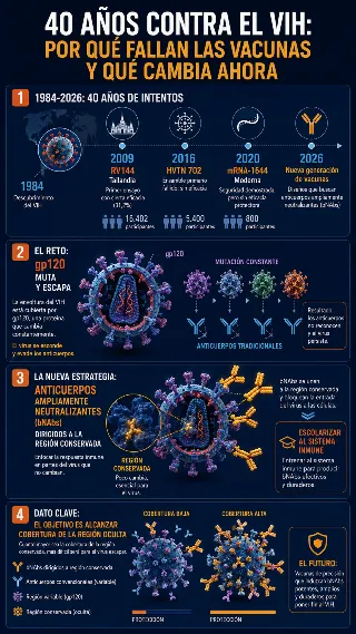 Infografia de 40 anos de vacunas contra el VIH con timeline y estrategia de anticuerpos