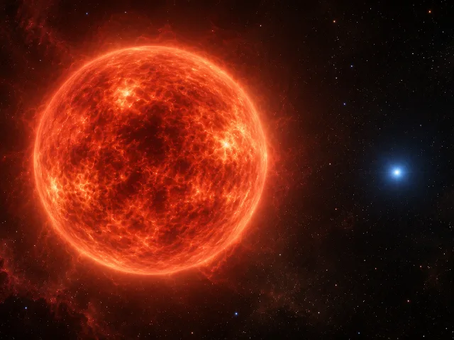 Ilustración de la supergigante roja Betelgeuse dominando la escena junto a una pequeña compañera estelar azul-blanca a la distancia