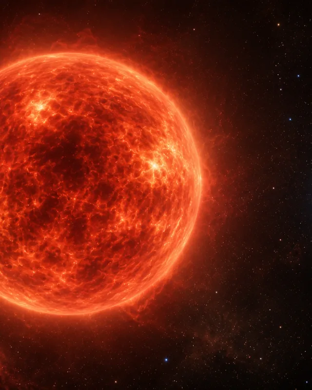 Ilustración de la supergigante roja Betelgeuse dominando la escena junto a una pequeña compañera estelar azul-blanca a la distancia