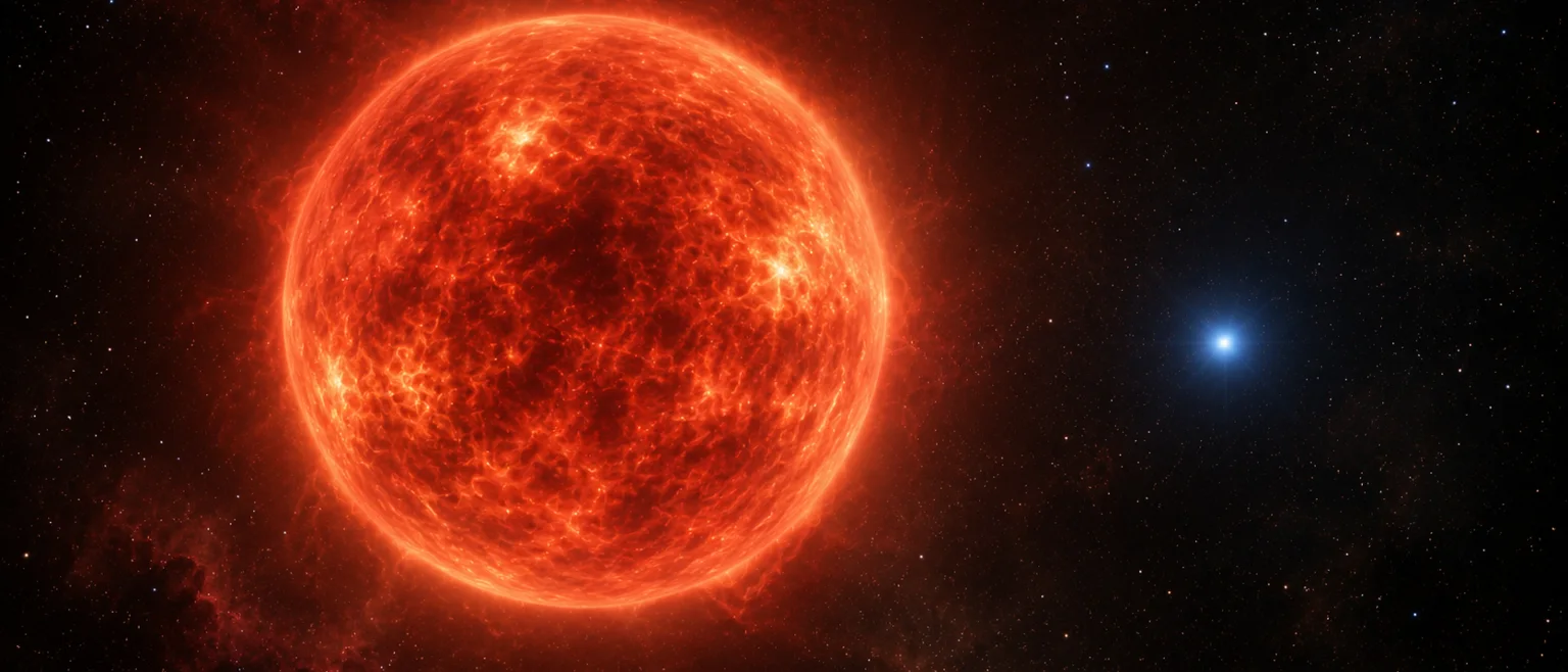 Ilustración de la supergigante roja Betelgeuse dominando la escena junto a una pequeña compañera estelar azul-blanca a la distancia