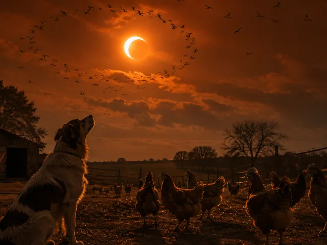 Perro y aves observando el cielo durante un eclipse solar en una granja al atardecer