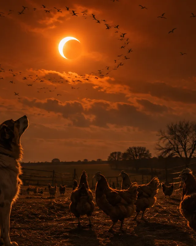 Perro y aves observando el cielo durante un eclipse solar en una granja al atardecer