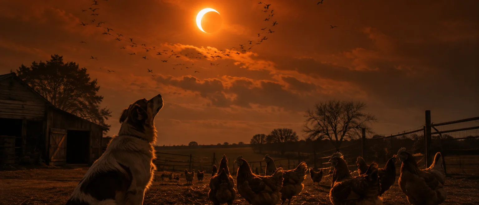 Perro y aves observando el cielo durante un eclipse solar en una granja al atardecer