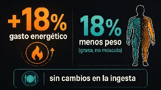 Infografía con la cifra de 18% más gasto energético y 18% menos peso en grasa sin pérdida de músculo, sin cambios en la ingesta de alimento