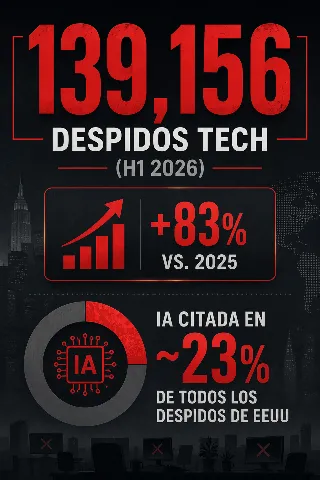 Infografía con la cifra de 139.156 despidos tecnológicos en el primer semestre de 2026, un alza de 83% frente a 2025, y la IA citada en 23% de todos los despidos de EEUU