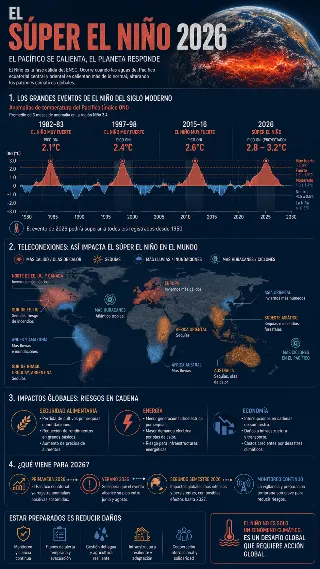 Infografia del Súper El Niño con comparativa 1982-83 a 2026 y teleconexiones globales