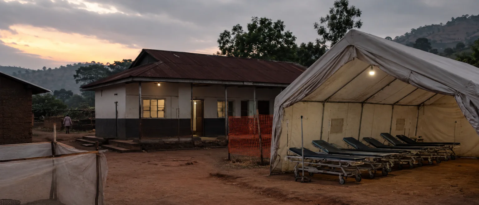 Exterior de una clínica de salud rural en la República Democrática del Congo al atardecer, camillas vacías bajo una carpa, tono documental