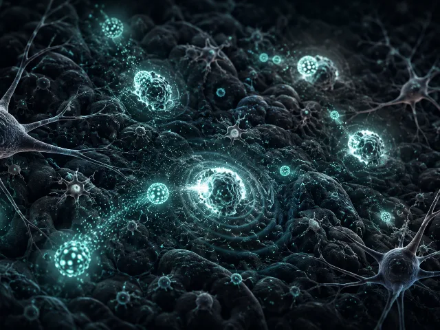 Nanopartículas brillantes en tonos teal iluminando células cancerosas microscópicas dispersas en tejido cerebral