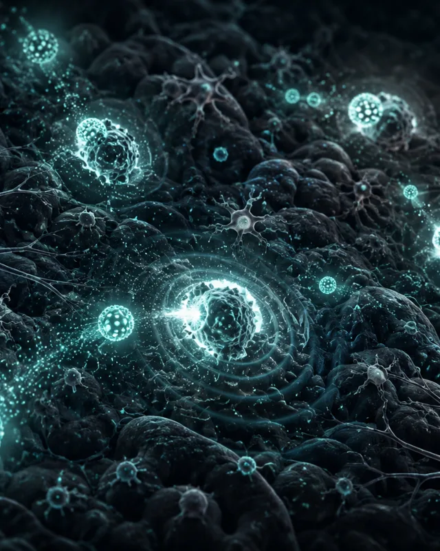 Nanopartículas brillantes en tonos teal iluminando células cancerosas microscópicas dispersas en tejido cerebral
