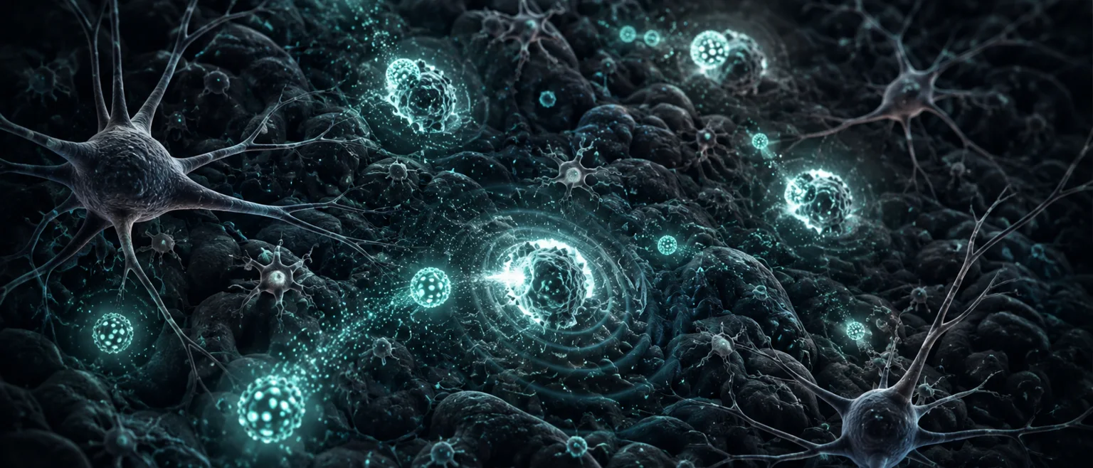 Nanopartículas brillantes en tonos teal iluminando células cancerosas microscópicas dispersas en tejido cerebral