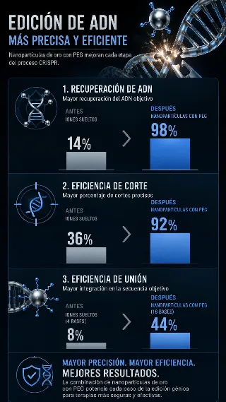 Gráfico con tres barras comparando la eficiencia de corte, recuperación y unión de ADN antes y después de usar nanopartículas de plata