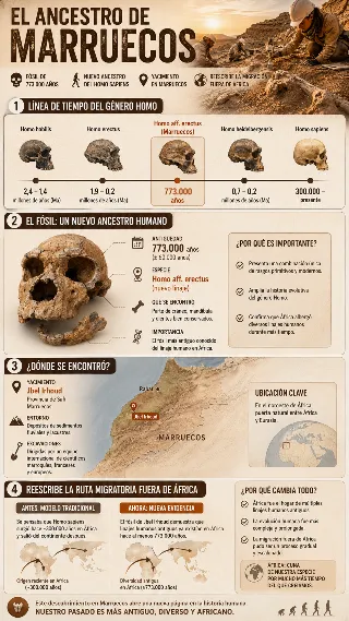 Infografia del ancestro de Marruecos con timeline del Homo y mapa del yacimiento