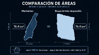 Comparación a escala de la isla de Manhattan junto al bloque de hielo desprendido, ambos de 76,4 km²