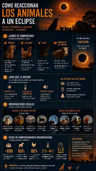 Infografia del comportamiento animal durante eclipses con datos de 2017 y 2024