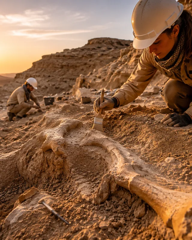 Equipo de paleontologos excavando fosiles en terreno desertico rocoso de Marruecos al atardecer