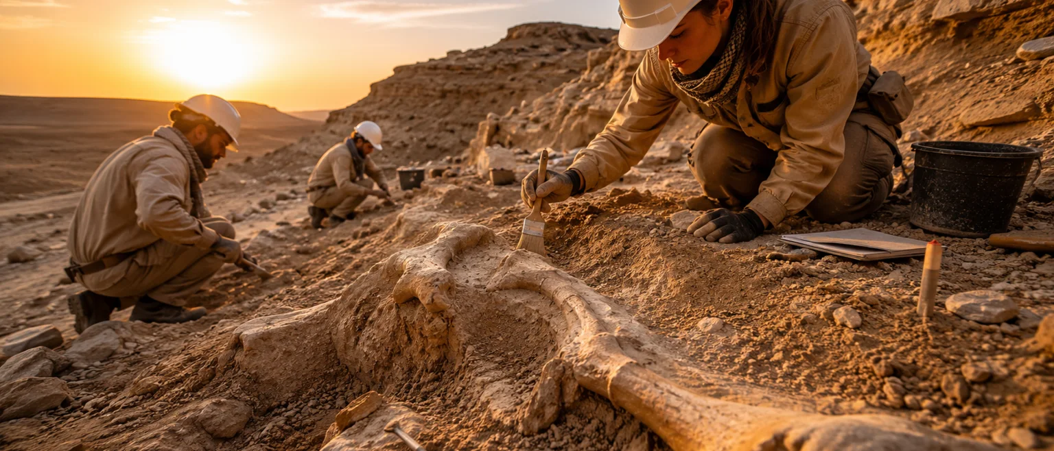 Equipo de paleontologos excavando fosiles en terreno desertico rocoso de Marruecos al atardecer
