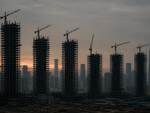 Fila de torres de apartamentos inacabadas bajo un cielo gris al atardecer, grúas inactivas, representando el colapso inmobiliario de Evergrande