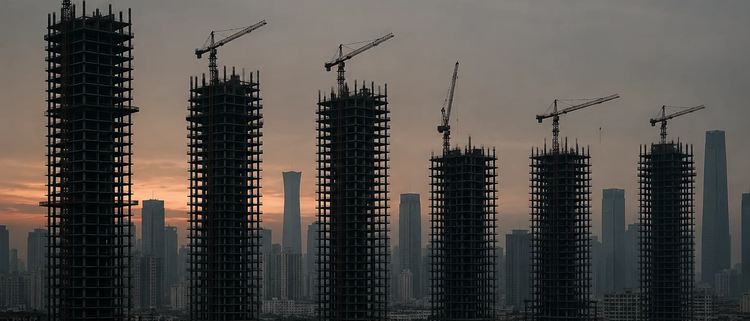 Fila de torres de apartamentos inacabadas bajo un cielo gris al atardecer, grúas inactivas, representando el colapso inmobiliario de Evergrande