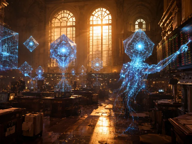 Agentes de IA flotando como hologramas en una sala de trading vacia con luz dorada de amanecer