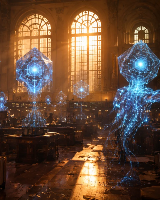 Agentes de IA flotando como hologramas en una sala de trading vacia con luz dorada de amanecer