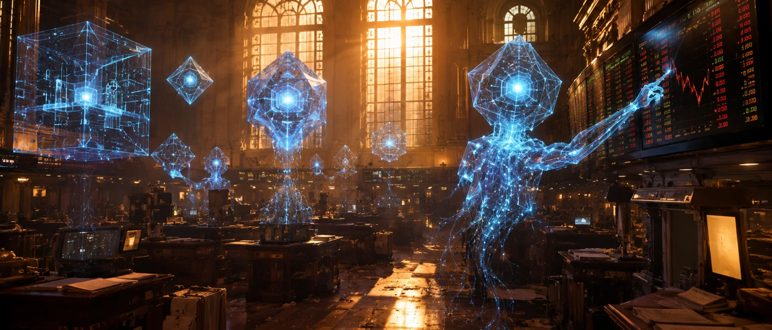 Agentes de IA flotando como hologramas en una sala de trading vacia con luz dorada de amanecer