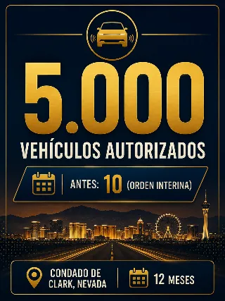 Infografía con la cifra de 5.000 vehículos autorizados, nota de que antes eran solo 10 bajo orden interina, y el condado de Clark, Nevada, por 12 meses