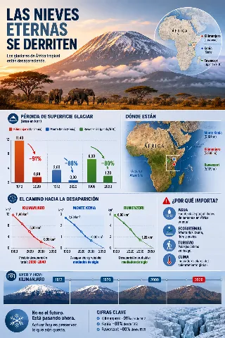 Infografia del retroceso de glaciares tropicales con el caso del Kilimanjaro y datos de perdida