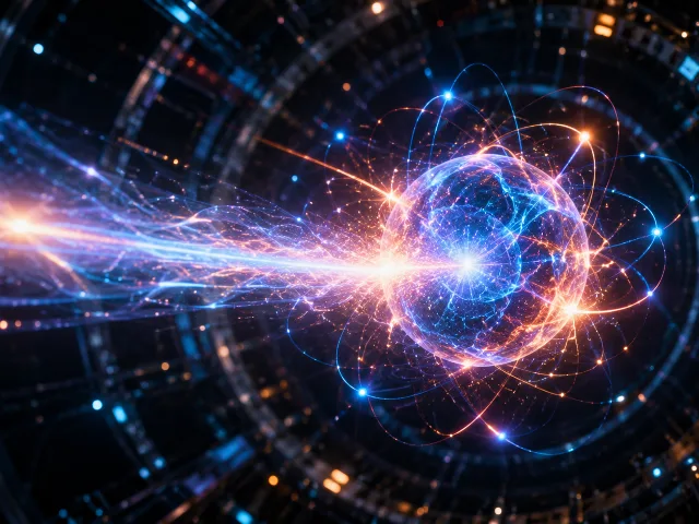 Esfera luminosa de energia pura con particulas subatomicas orbitando ante un colisionador